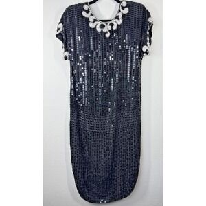 Vintage A.J. Bari Dress Womens Medium Black Sequin Silk Beaded‎ Pearl 1980s Gown